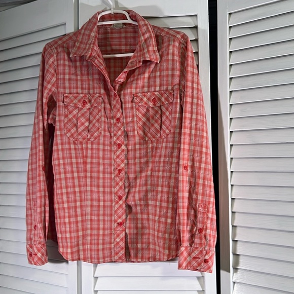 Duluth Trading Co Women’s orange plaid long sleeve button up shirt. Size‎ L - Picture 2 of 10